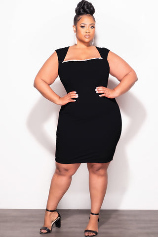 Final Sale Plus Size BodyCon Dress with Rhinestone Lined Bust and Wide Strap Mini Dress In Black - 1x 14/16 Final Sale Plus Size BodyCon Dress with Rhinestone Lined Bust and Wide Strap Mini Dress In Black - 1x 14/16