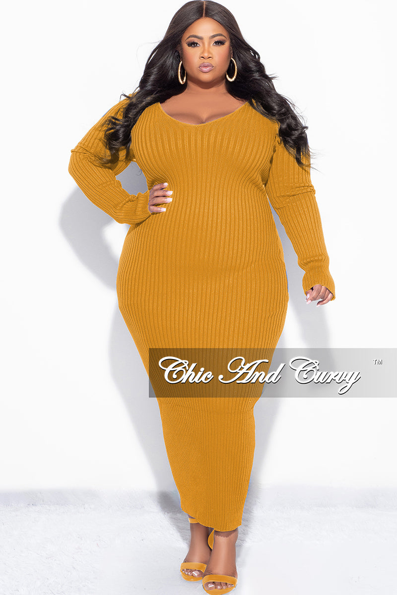 Final Sale Plus Size BodyCon Ribbed Knit Dress in Mustard