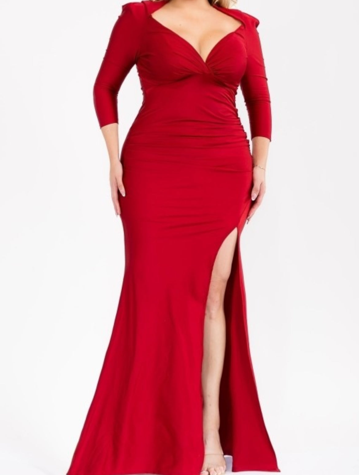 Final Sale Plus Size Shiny Faux Wrap Gown with Slit in Dark Red Garnet Chic And Curvy Final Sale Plus Size Shiny Faux Wrap Gown with Slit in Dark Red Garnet Chic And Curvy