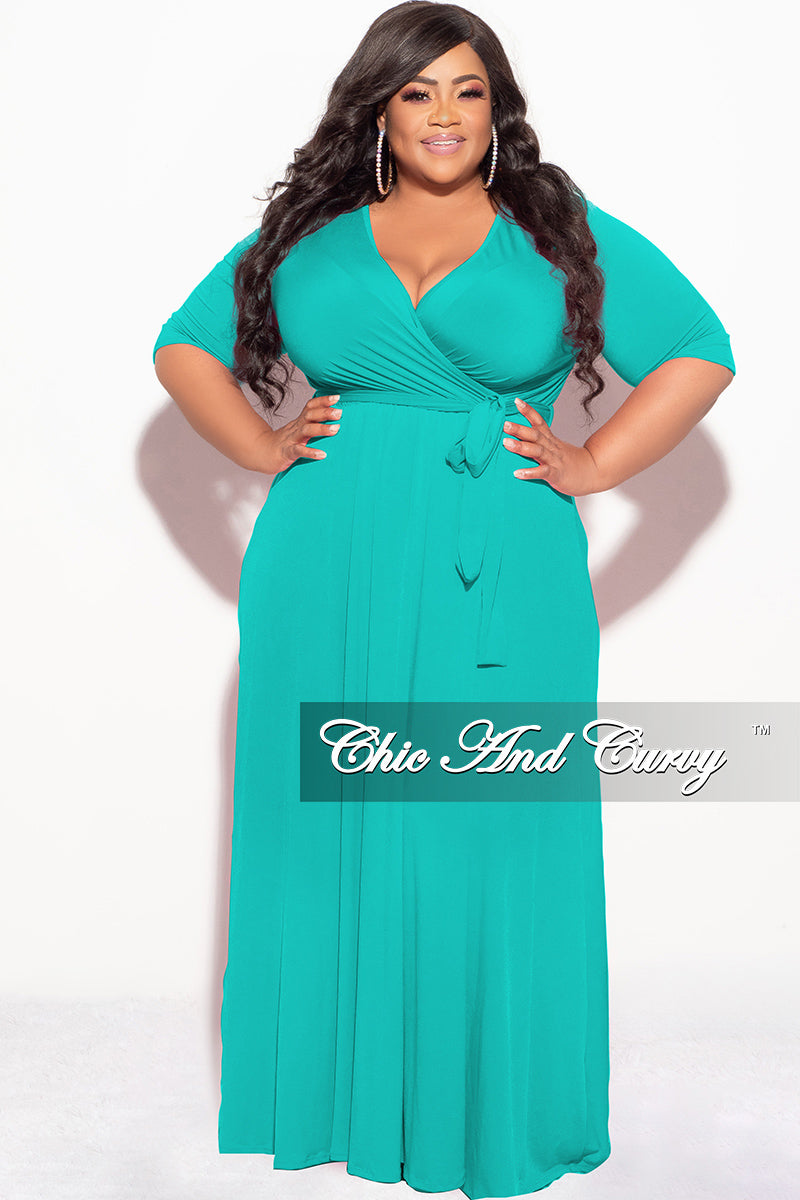 Final Sale Plus Size Deep V Faux Wrap with 3/4 Sleeves in Sea Breeze Green