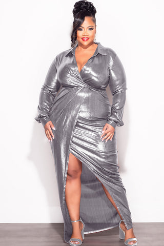 Final Sale Plus Size Faux Wrap Pleated Waist Foil Dress in Silver
