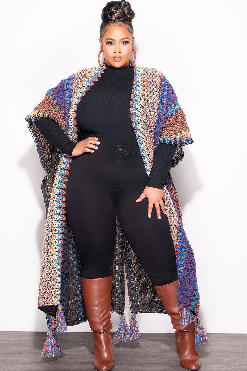 Final Sale Plus Size Knitted Cardigan with Bottom Tassels in Blue, Brown and Black