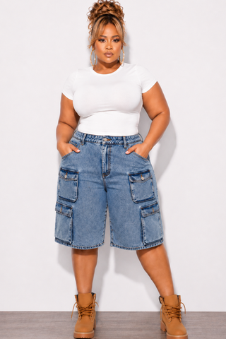 Final Sale Plus Size Acid Wash Cargo Denim Jorts Shorts in Denim