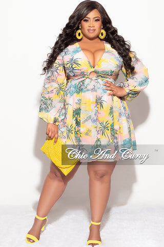 Final Sale Plus Size Chiffon Babydoll Dress with Cut Outs in Tropical Palm Print