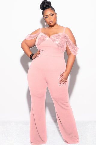 Final Sale Plus Size Off The Shoulder Faux Wrap Sequin Jumpsuit Mauve Pink