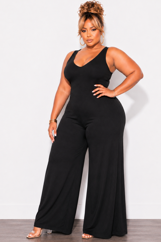 Final Sale Plus Size Ribbed Tank Jumpsuit With Wide Leg In Black