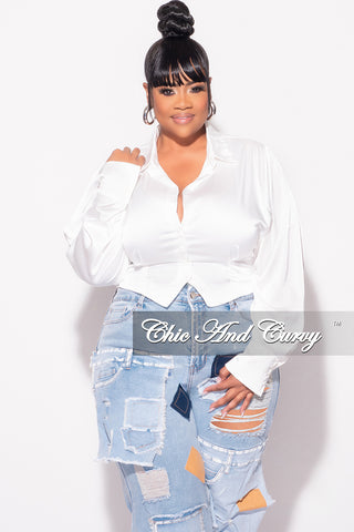 Final Sale Plus Size Collar Button Up Satin Top with Frill Sides in White