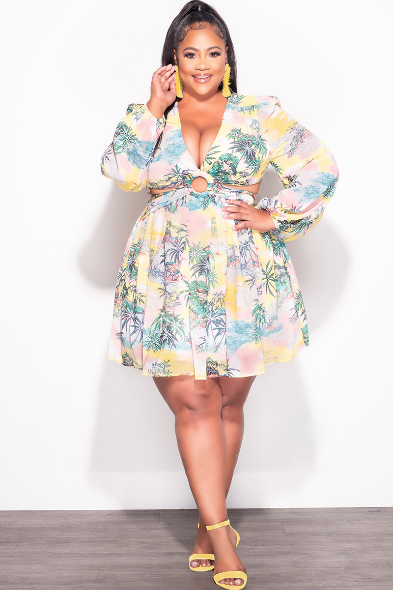 Final Sale Plus Size Chiffon Babydoll Dress with Cut Outs in Tropical Palm Print