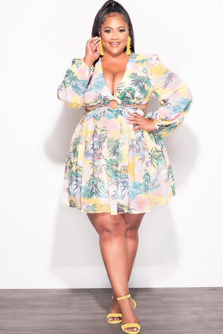 Final Sale Plus Size Chiffon Babydoll Dress with Cut Outs in Tropical Palm Print