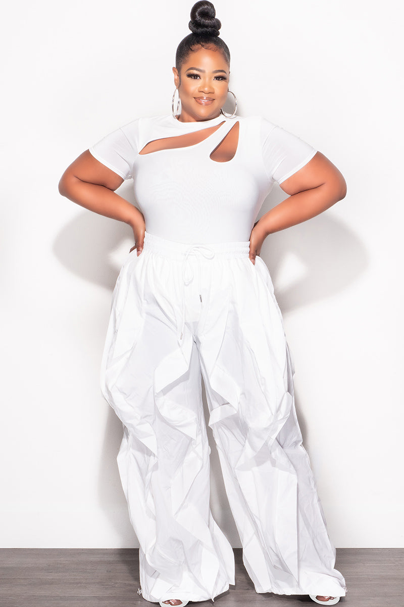 Final Sale Plus Size Wide Leg Drawstring Oversized Windbreaker Wavy Pants in White