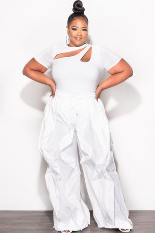 Final Sale Plus Size Wide Leg Drawstring Oversized Windbreaker Wavy Pants in White