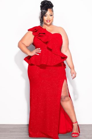Final Sale Plus Size One Shoulder Layered Ruffle Gown in Red Glitter - 2x 18/20 Final Sale Plus Size One Shoulder Layered Ruffle Gown in Red Glitter - 2x 18/20