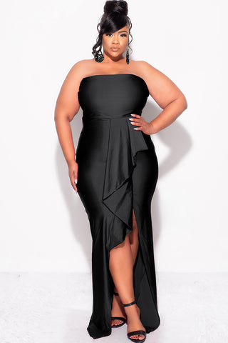 Final Sale Plus Size Strapless Ruffle Dress with Slit in Black