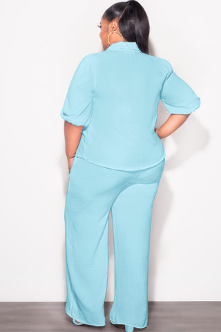 Final Sale Plus Size 2pc Button Up Collar Top and Pants Set in Aqua Linen