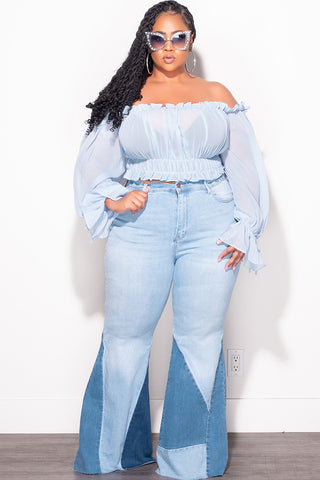 Final Sale Plus Size ColorBlock Flare Denim Jeans in Light Stone Denim
