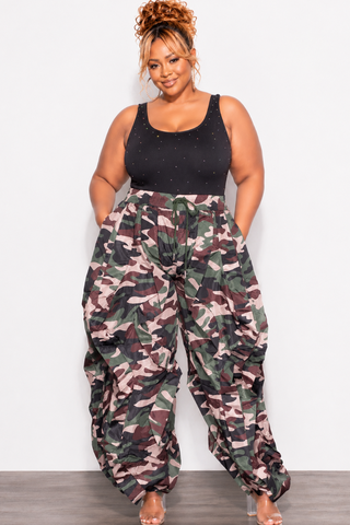 Final Sale Plus Size Wide Leg Drawstring Oversized Windbreaker Wavy Pants in Dark Camouflage Print