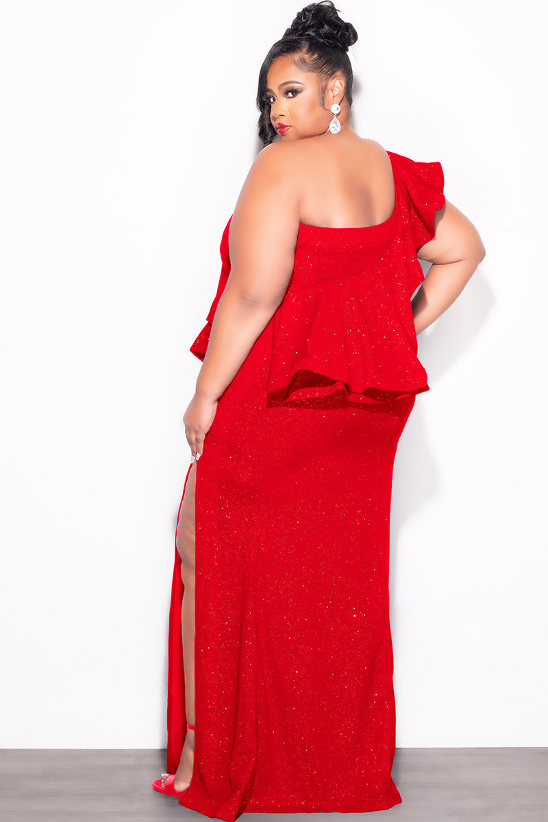 Final Sale Plus Size One Shoulder Layered Ruffle Gown in Red Glitter - 2x 18/20 Final Sale Plus Size One Shoulder Layered Ruffle Gown in Red Glitter - 2x 18/20