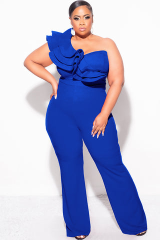 Final Sale Plus Size One Shoulder Ruffle Trim Jumpsuit in Royal Blue