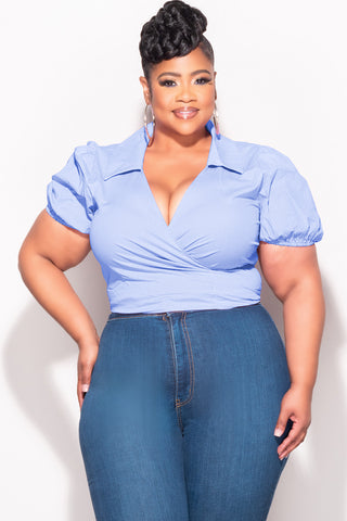 Final Sale Plus Size Faux Wrap Crop Tie Top in Blue and White Gingham Checker Print