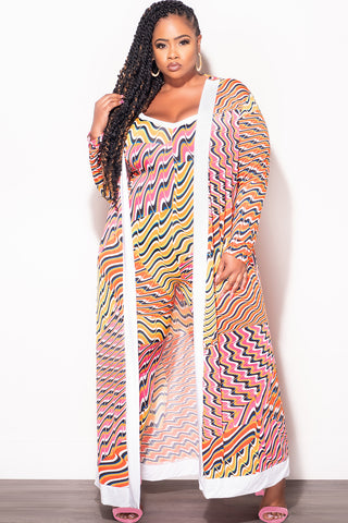 Final Sale Plus Size 2pc Duster & Spaghetti Strap Jumpsuit Set in Orange Multi Color Print