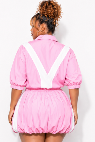 Final Sale Plus Size (Windbreaker Fabric) 2pc Skirt Set in Pink with White Stripes