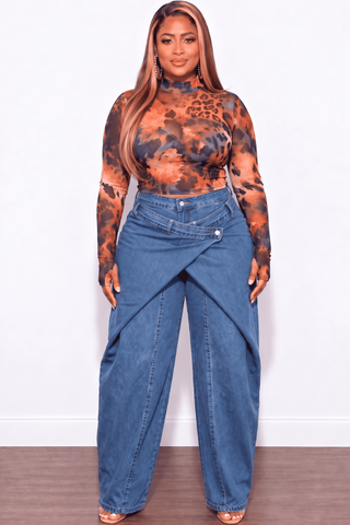 Final Sale Plus Size 2pc Set Mesh Top & Wide Leg Drawstring Oversized Windbreaker Wavy Halter Jumpsuit in Rust & Black Leopard
