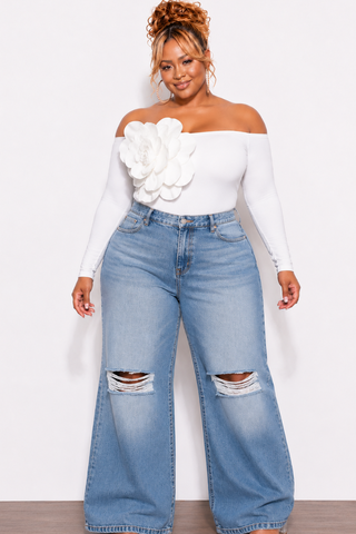 Final Sale Plus Size Baggie Wide Leg Distressed Jeans in Denim