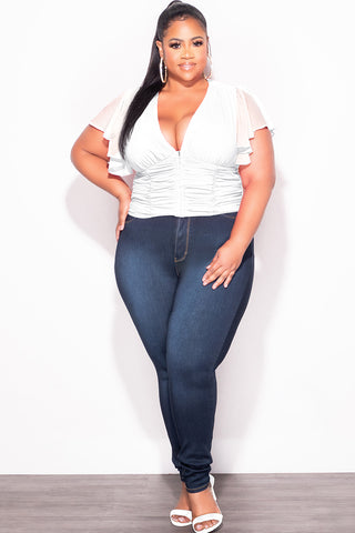 Final Sale Plus Size Chiffon Ruched Corset Blouse with Flutter Sleeves in White