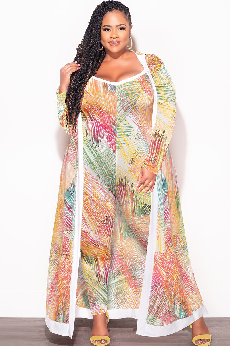 Final Sale Plus Size 2pc Duster & Spaghetti Strap Jumpsuit Set in Multi Color Print