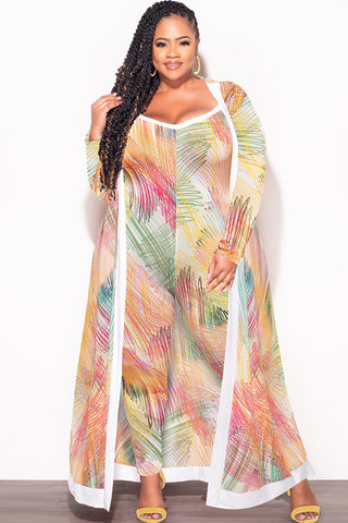 Final Sale Plus Size 2pc Duster & Spaghetti Strap Jumpsuit Set in Multi Color Print