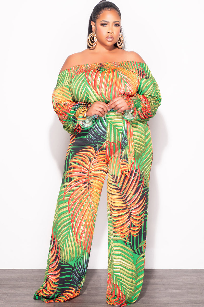 Final Sale Plus Size Off The Shoulder Jumpsuit with Waist Tie in Tropical Print