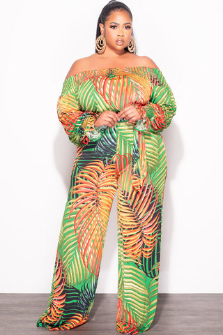 Final Sale Plus Size Off The Shoulder Jumpsuit with Waist Tie in Tropical Print