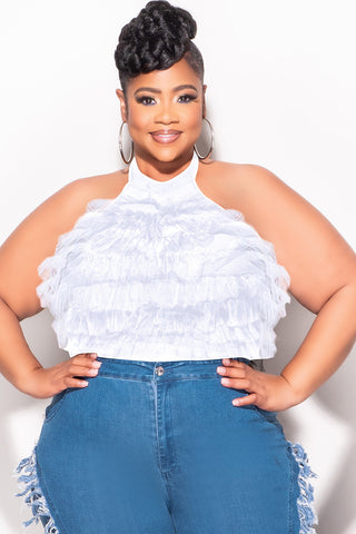 Final Sale Plus Size Sleeveless Cropped Halter Tulle & Mesh Top in White
