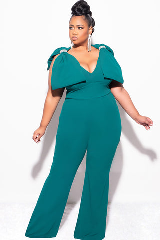 Final Sale Plus Size Jumpsuit with Bow on Shoulders in Green