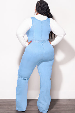 Final Sale Plus Size Sleeveless Zip-Up Jumpsuit with Attached Tie in Light Denim