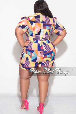 Final Sale Plus Size 2pc Collar Button Up Top and Shorts Set in Multi Color Print