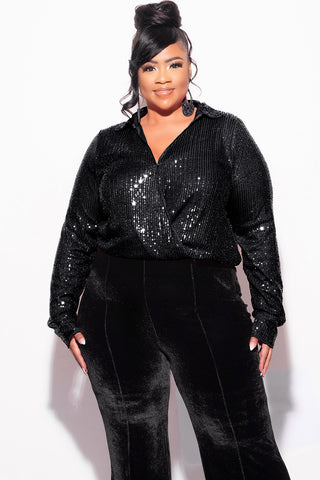 Final Sale Plus Size Long Sleeve Sequin Top Elastic At The Waist - Black