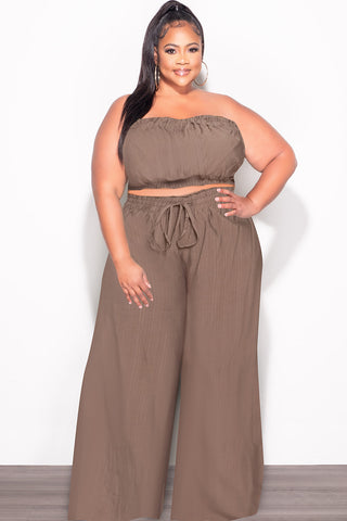 Final Sale Plus Size 2pc Strapless Crop Top and Flare Pants Set In Mocha Brown