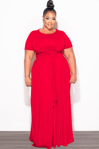 Final Sale Plus Size 2pc Short Sleeve Tie Top and Skirt Set in Red
