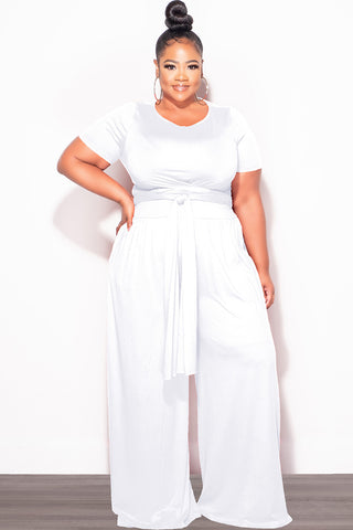 Final Sale Plus Size 2pc Short Sleeve Tie Top and Pants Set in White