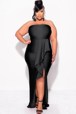 Final Sale Plus Size Strapless Ruffle Dress with Slit in Black