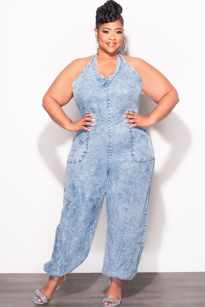 Final Sale Plus Size Oversized Halter Jumpsuit in Chambray – Chic
