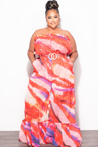 Final Sale Plus Size Strapless Chiffon Jumpsuit in Multi Color Print