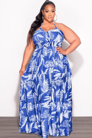 Final Sale Plus Size Halter Tiered Dress in Royal Blue and White Leaf Print
