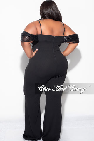 Final Sale Plus Size Off The Shoulder Faux Wrap Sequin Jumpsuit Black