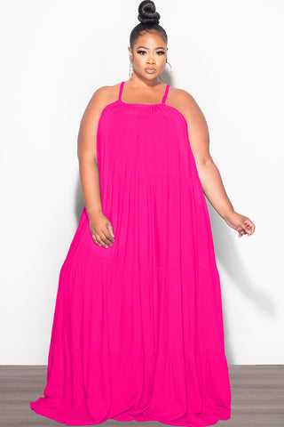 Final Sale Plus Size Long Halter Dress with Back Tie in Hot Pink