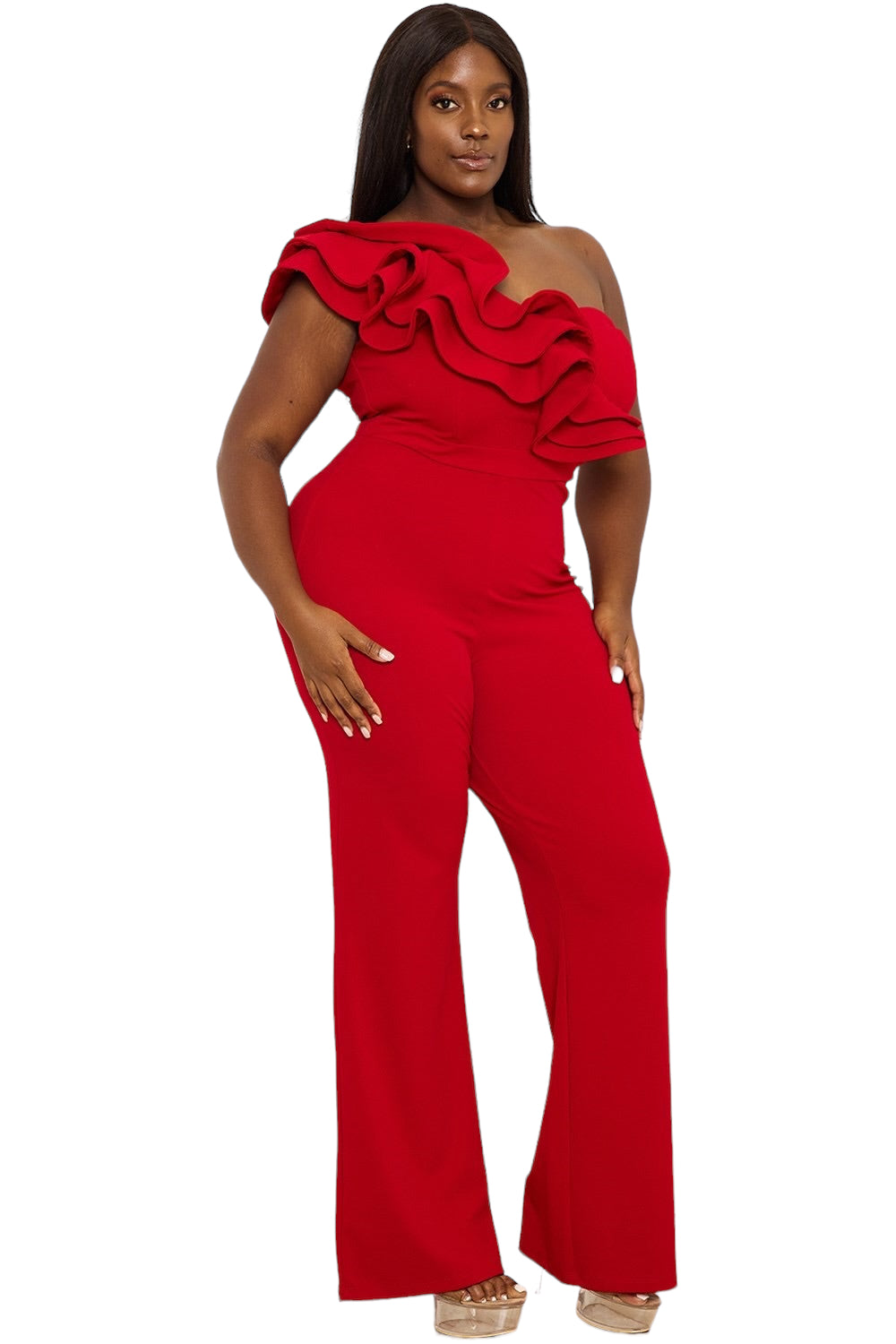 Final Sale Plus Size One Shoulder Ruffle Trim Jumpsuit in Red