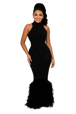Final Sale Sleeveless Feather Sequin Gown in Black