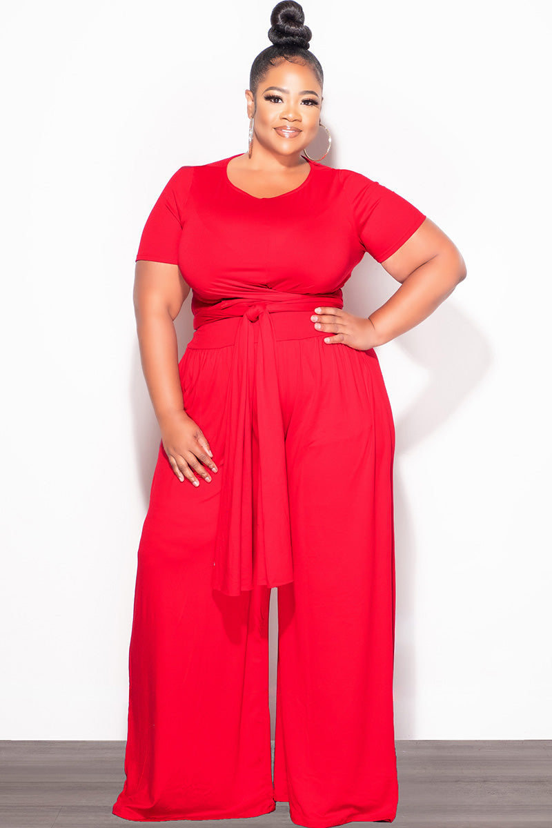 Final Sale Plus Size 2pc Short Sleeve Tie Top and Pants Set in Red
