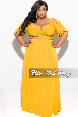 Final Sale Plus Size 2pc Faux Wrap Crop Tie Top And Double Slit Skirt Set in Mustard